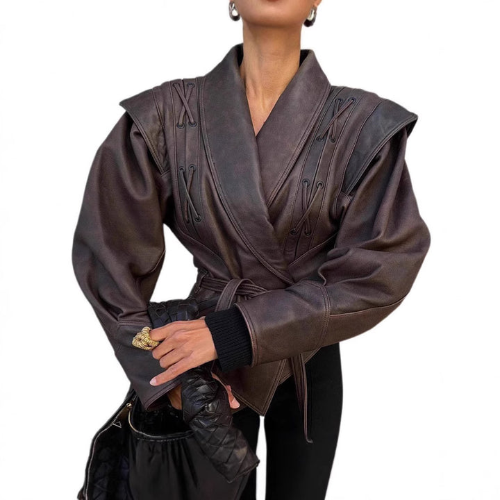 Damen Designer-Lederblazer mit Gürtel und dekorativen Schnüroptiken Drune