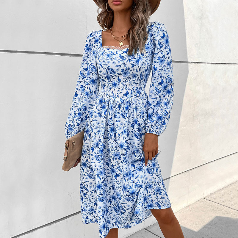 Damen Blumiges Midi-Kleid mit schulterfreien Ärmeln Drune
