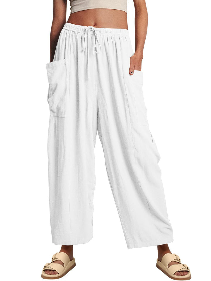 Damen nan weite Palazzohose aus leichtem Leinenmix mit Tunnelzug und seitlicher Tasche Drune