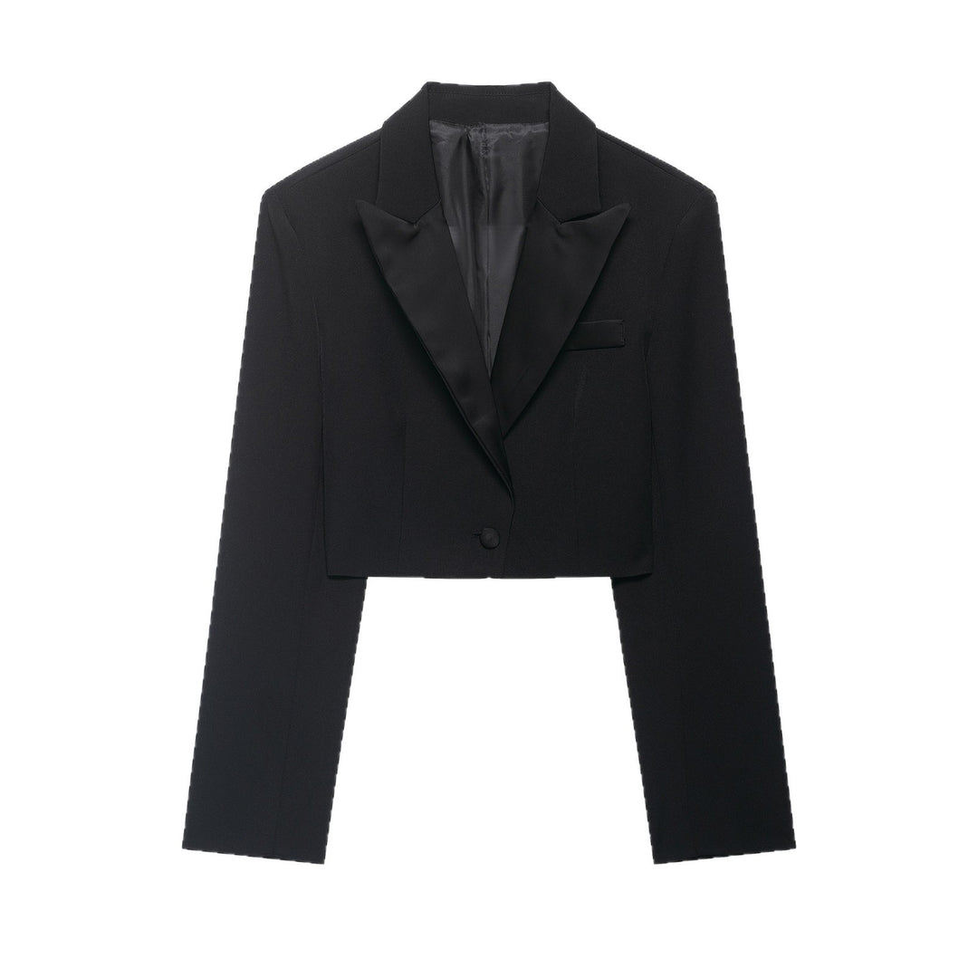 Damen Cropped Smokingsakko im Tuxedo‑Stil mit spitzem Satinrevers Drune