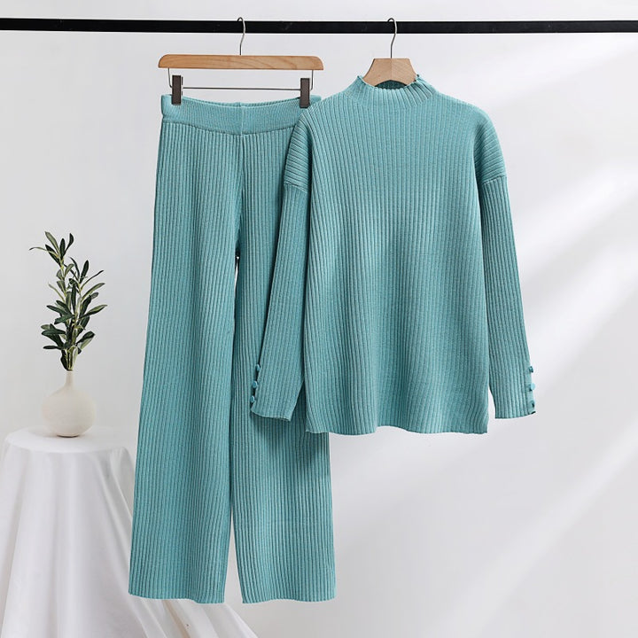 Damen lässiger Strickanzug mit Stehkragen und Knopfdetails Drune