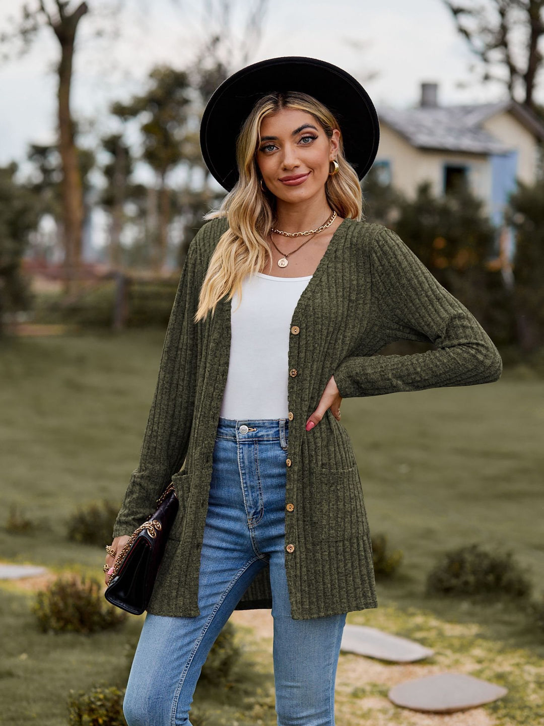 Damen lässiger Strickcardigan mit Knopfdetails und praktischen Taschen Drune