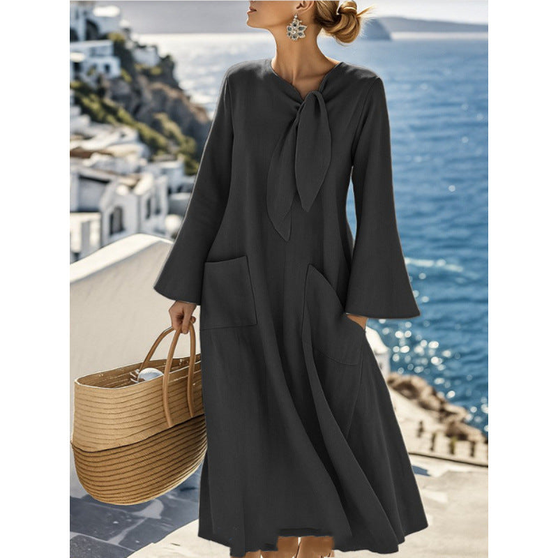 Damen Leichtes Maxikleid mit Bindeschleife, Glockenärmeln und aufgesetzten Taschen Drune