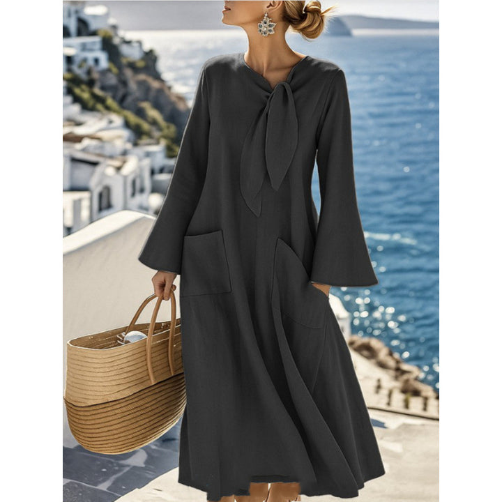 Damen Leichtes Maxikleid mit Bindeschleife, Glockenärmeln und aufgesetzten Taschen Drune