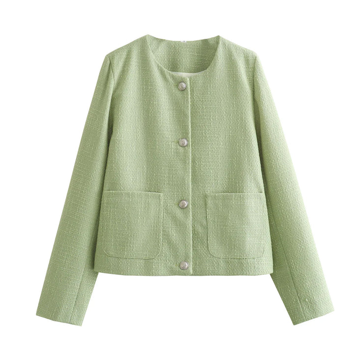 Damen nan kurzgeschnittene Bouclé-Boxyjacke mit Rundhalsausschnitt und aufgesetzten Taschen Drune