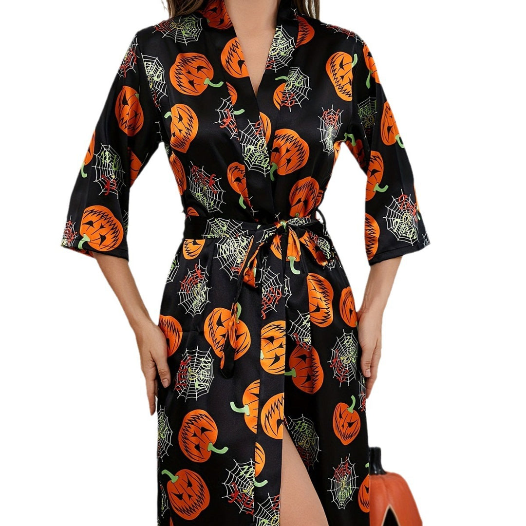 Damen-Halloween-Themen-Satin-Robe mit Gürtel Drune