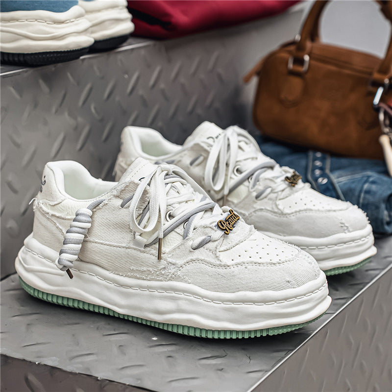 Damen denim-Plateau-Sneaker mit kontrastnähten, wattierter Wellenlaufsohle und verzierten Schnürdetails Drune