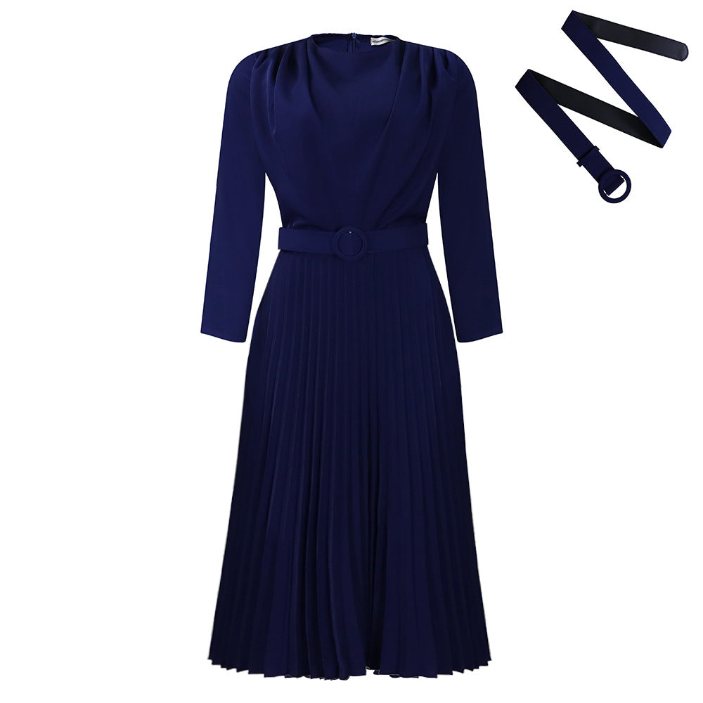 Damen Plisseekleid mit angesetztem Gürtel und eleganten Falten Drune