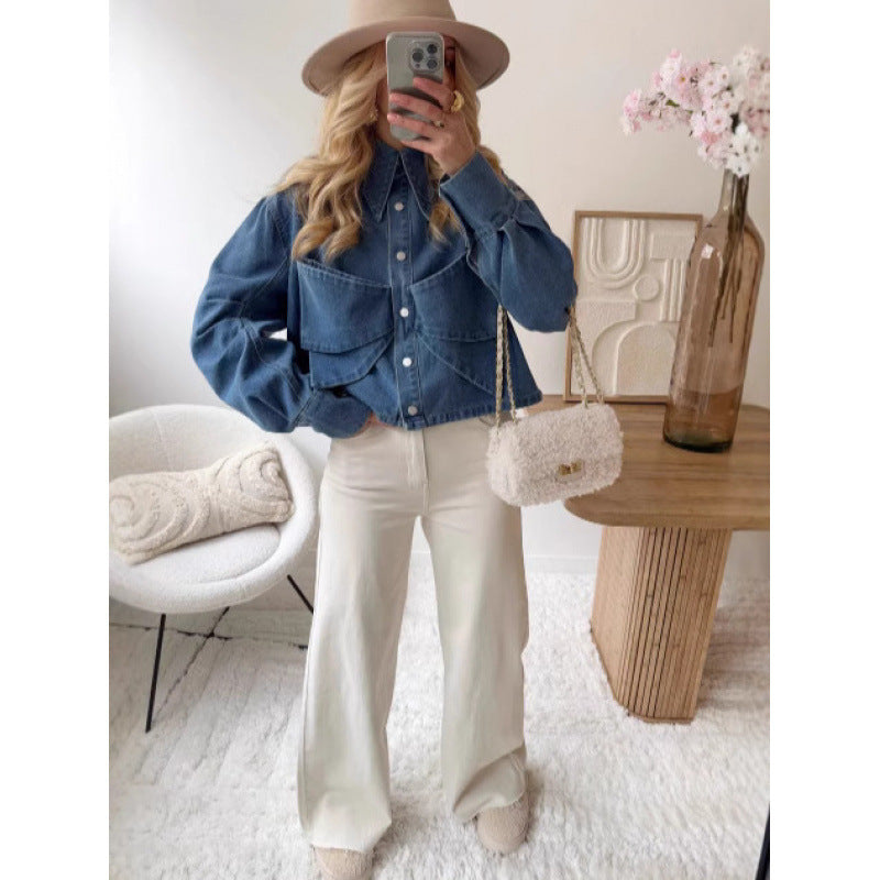 Damen stylische cropped Denimjacke mit praktischen Taschen Drune