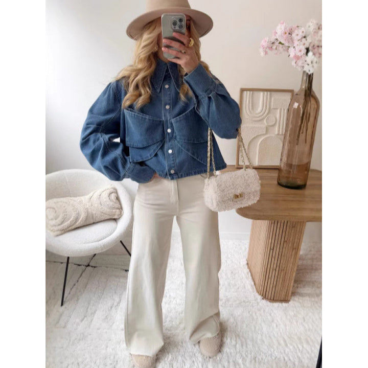 Damen stylische cropped Denimjacke mit praktischen Taschen Drune