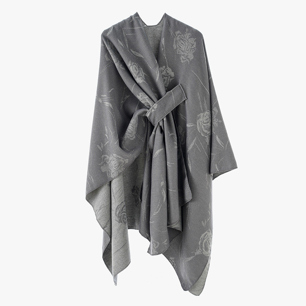 Damen Wendbarer Capeponcho mit Rosen-Jacquard und Bindegürtel Drune