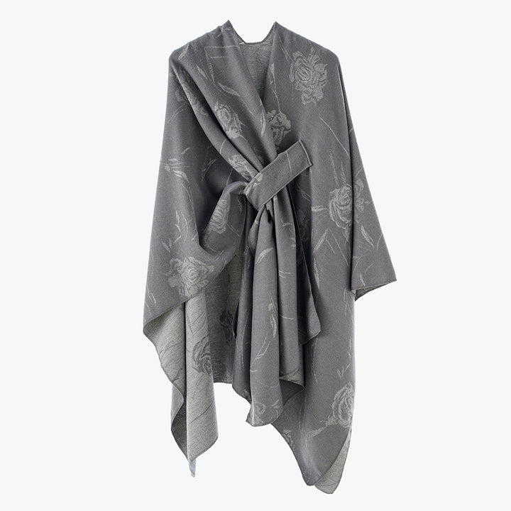 Damen Wendbarer Capeponcho mit Rosen-Jacquard und Bindegürtel Drune