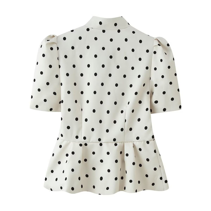 Damen Taillierte Polka‑Dot Bluse mit Stehkragen, Puffärmeln und Schößchen Drune