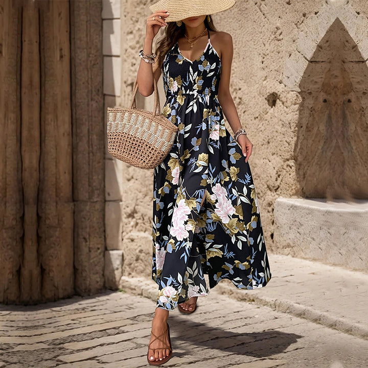 Damen Maxikleid mit floralem Druck und verstellbaren Spaghettiträgern Drune