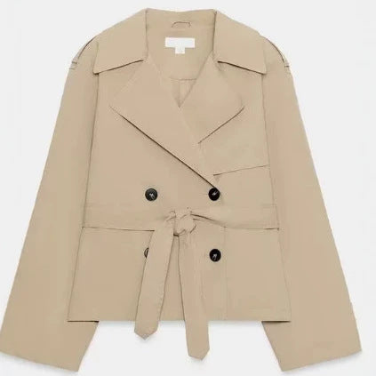 Damen Cropped doppelreihiger Trenchblouson mit Bindegürtel und kastiger Silhouette Drune