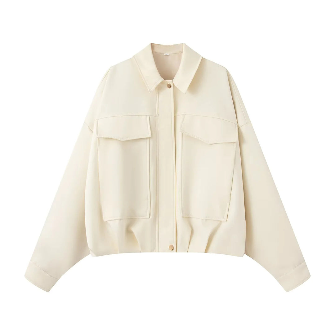 Damen nan cropped Overshirt-Jacke mit überlanger Ärmelpartie, großen Pattentaschen und verdeckter Druckknopfleiste Drune