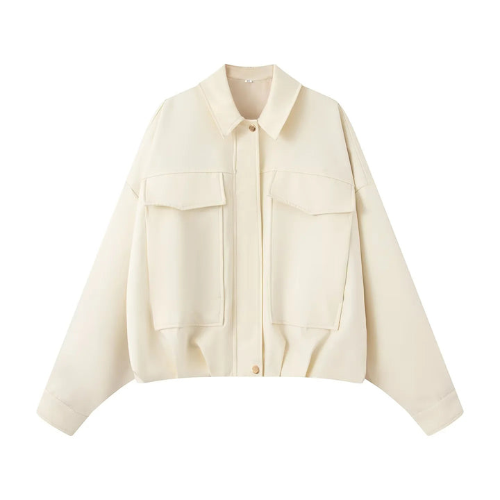 Damen nan cropped Overshirt-Jacke mit überlanger Ärmelpartie, großen Pattentaschen und verdeckter Druckknopfleiste Drune