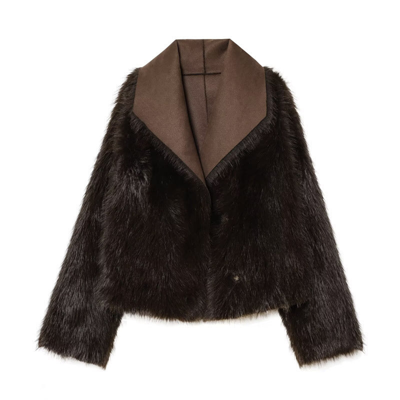 Damen Cropped Lammfell‑Imitat‑Jacke mit großem Schalkragen und Fellbesatz Drune