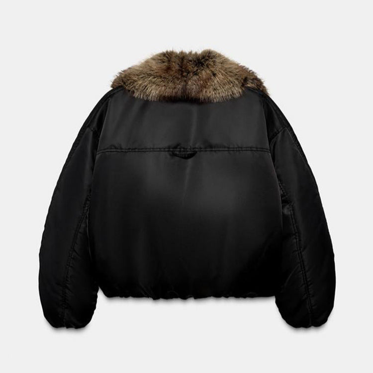 Damen Oversize-Bomberjacke mit voluminösem Fellkragen und Satinärmeln Drune