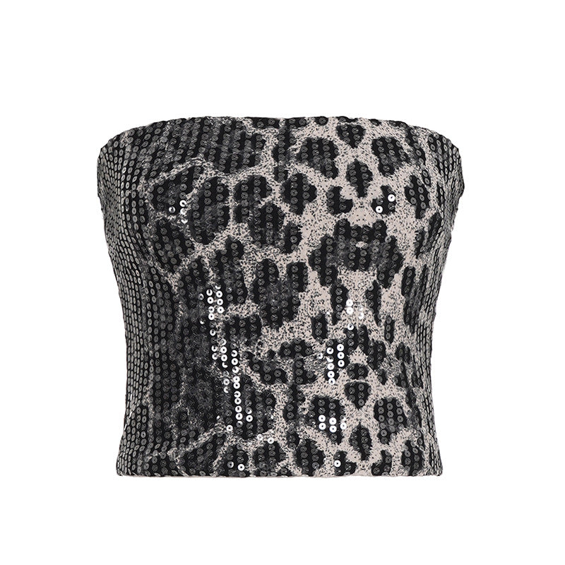 Damen Pailletten-Minikleid mit Leopardenmuster und verstellbaren Spaghettiträgern Drune