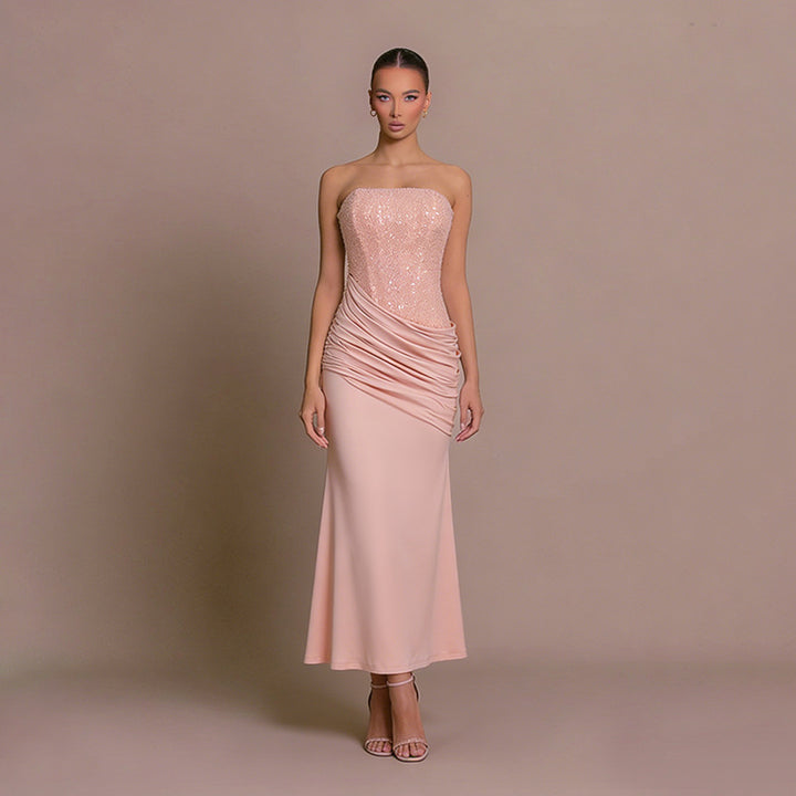 Damen Elegantes langes Abendkleid mit figurschmeichelndem Rüschendesign und schimmernden Pailletten Drune