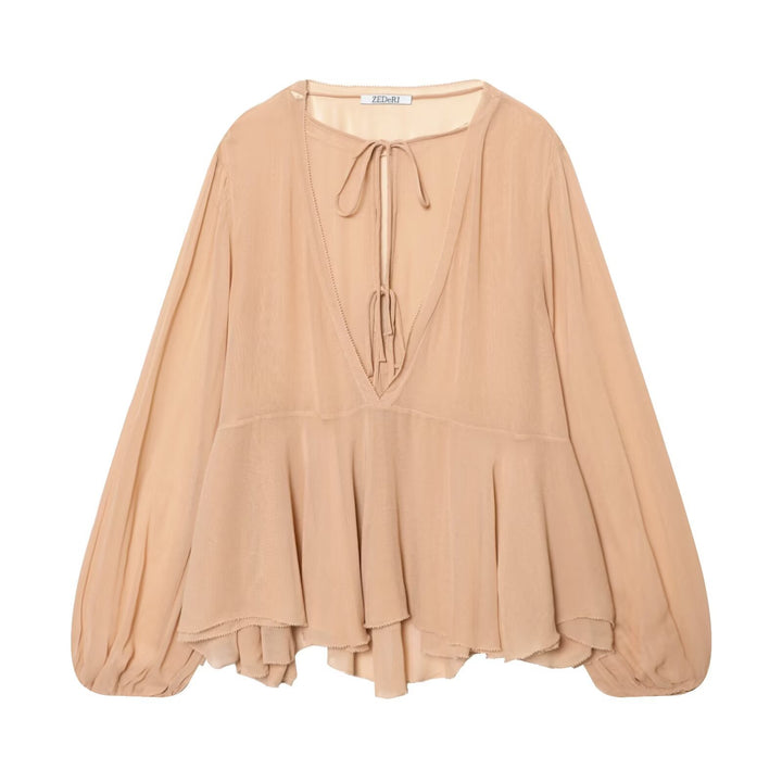 Damen Luftige Chiffon-Bluse mit tiefem V‑Ausschnitt, Bindebändern, Volantstufen und Ballonärmeln Drune