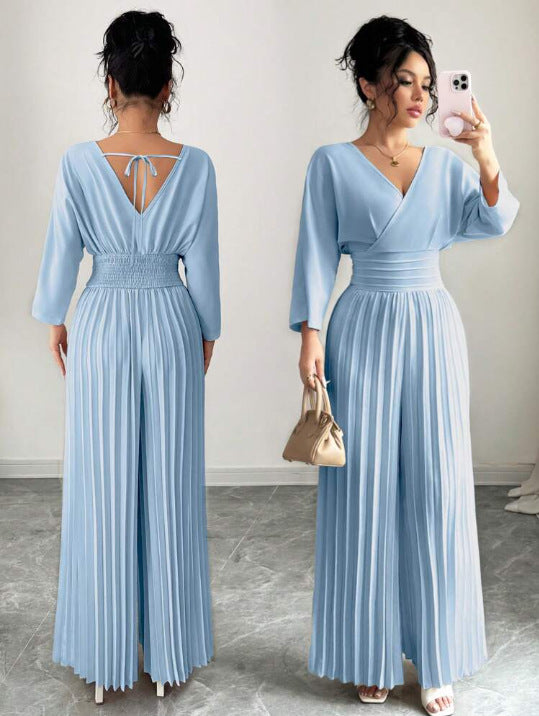 Damen Eleganter Plissee-Jumpsuit mit V-Ausschnitt Drune