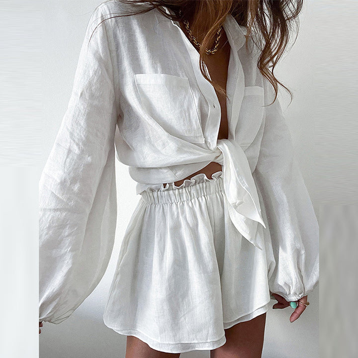 Damen Lässiges Kurzarm-Hemd mit weitem Schnitt und High-Waist-Shorts Drune
