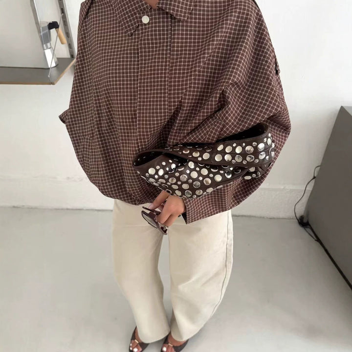 Damen Oversize karierte Bluse mit Fledermausärmeln und verdeckter Knopfleiste Drune