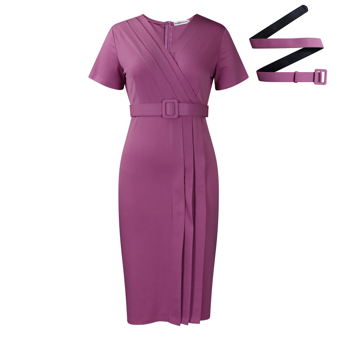 Damen figurbetontes Midi-Kleid mit asymmetrischem Wickeldesign und Gürtel Drune