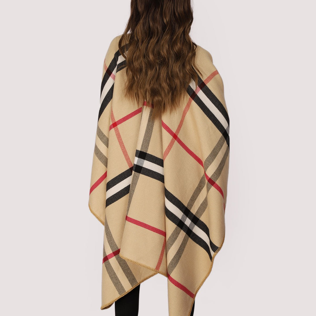 Damen Karierter Wollmix‑Poncho im Oversize‑Cape‑Schnitt mit Zierstichkante Drune