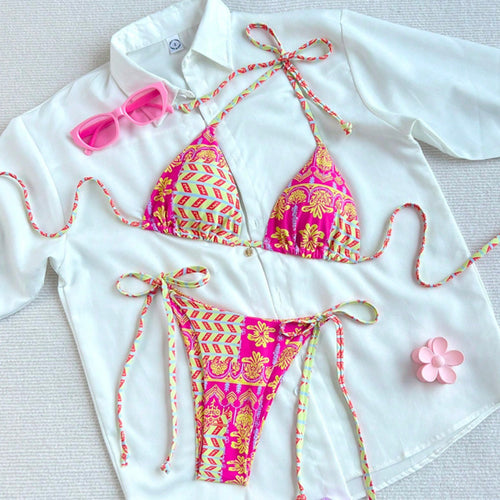 Damen Triangel-Bikini mit verspieltem Blumendesign und unterschiedlichen Bindungsträgern Drune