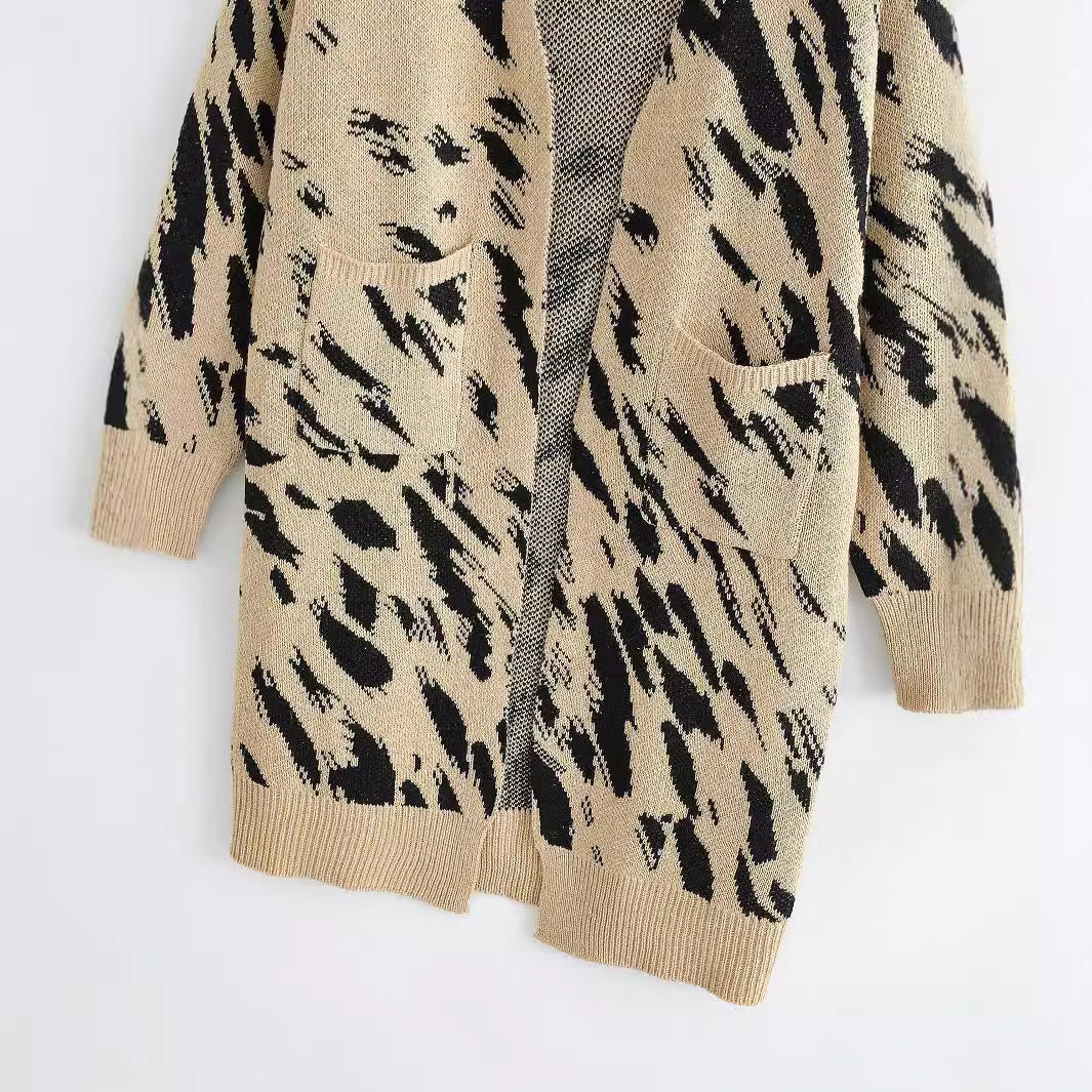 Damen Grobstrick-Cardigan mit modischem Leopardenmuster und praktischen Taschen Drune