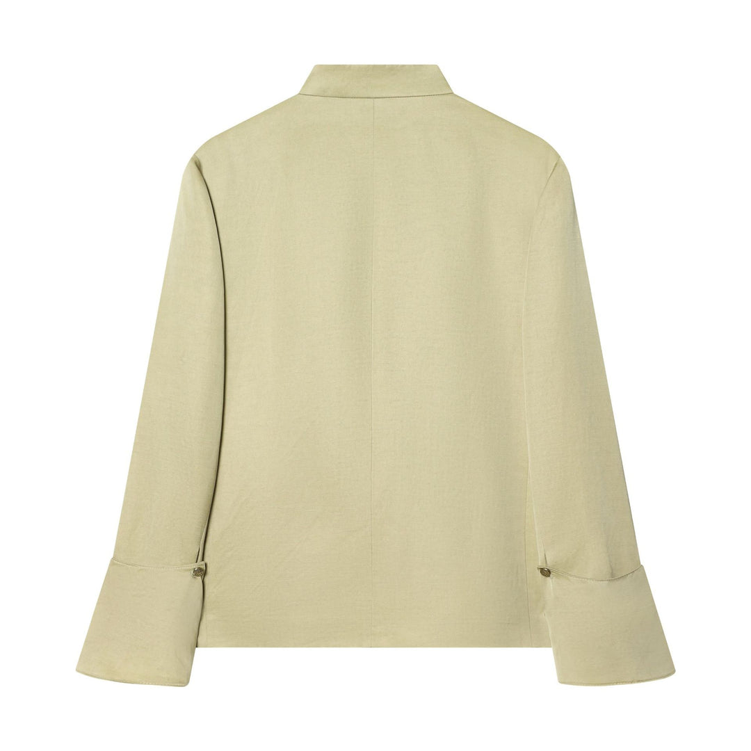 Damen nan asymmetrische Stehkragenjacke mit überlappender Knopfleiste und feinen Zierknöpfen Drune
