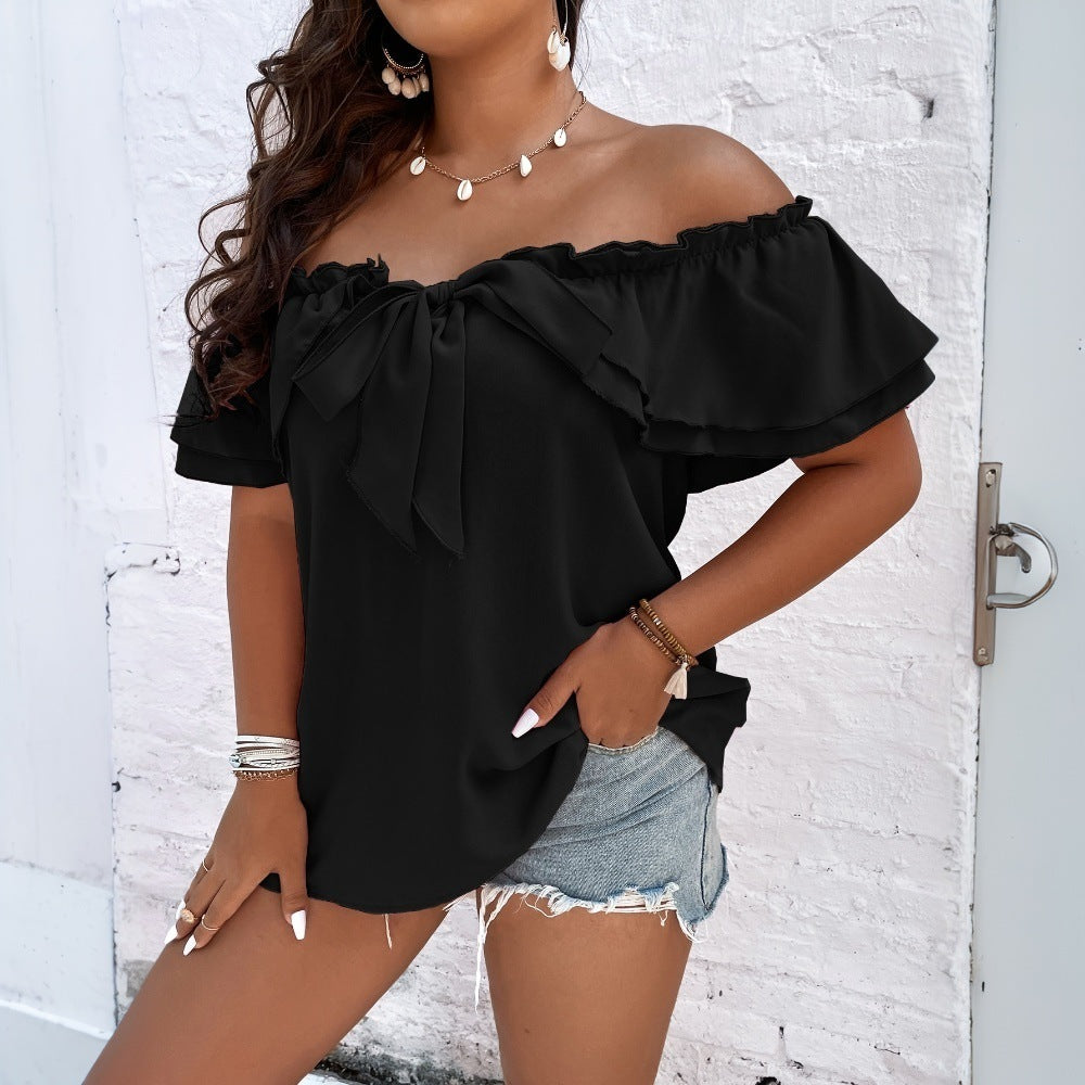 Damen Off-Shoulder Oberteil mit Schleifen-Details und Rüschensäumen Drune