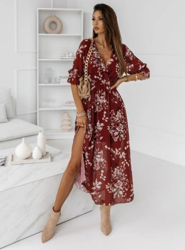 Drune | Kurzarm Split Chiffon Bedrucktes Maxikleid
