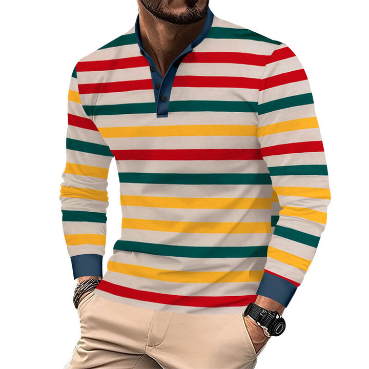 Herren nan gestreiftes Langarm-Henleyshirt mit Stehkragen, schmaler Passform und elastischem Baumwollmix Drune