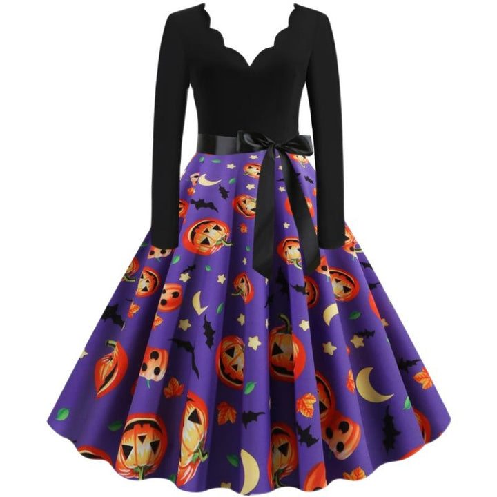 Damen Vintage Swingkleid mit Halloween-Kürbisprint und tailliertem Satinschärpenbund Drune