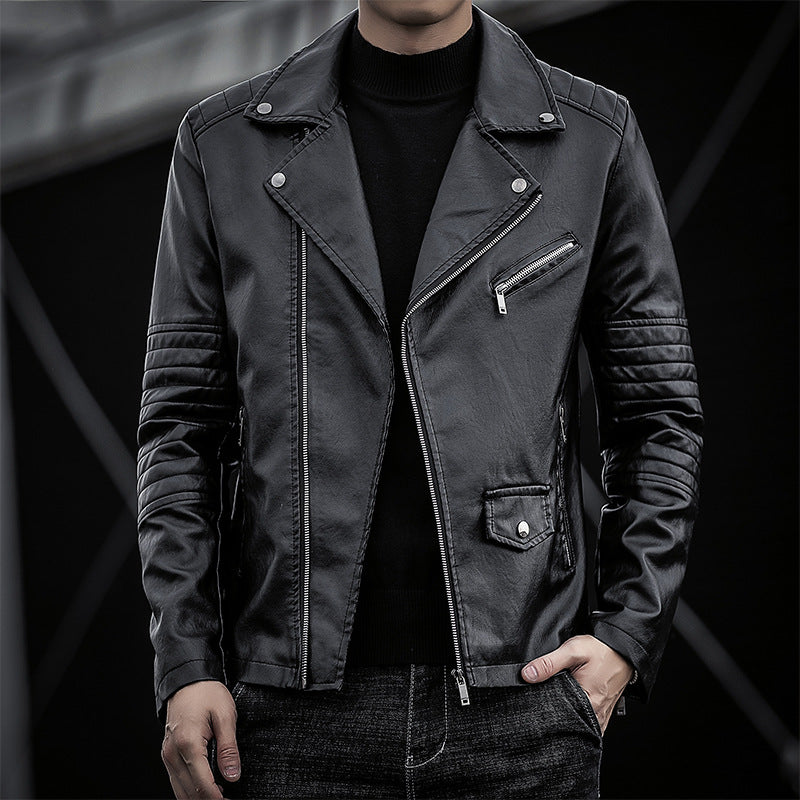 Herren schmal geschnittene Kunstleder-Motojacke mit gesteppter Schulter- und Ärmeldetail Drune