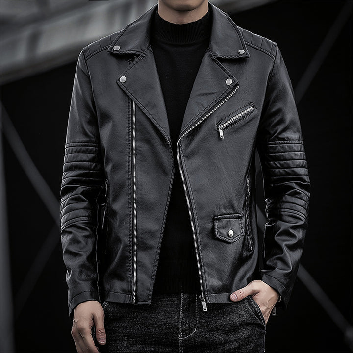 Herren schmal geschnittene Kunstleder-Motojacke mit gesteppter Schulter- und Ärmeldetail Drune