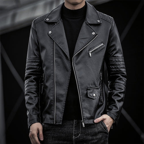 Herren schmal geschnittene Kunstleder-Motojacke mit gesteppter Schulter- und Ärmeldetail Drune