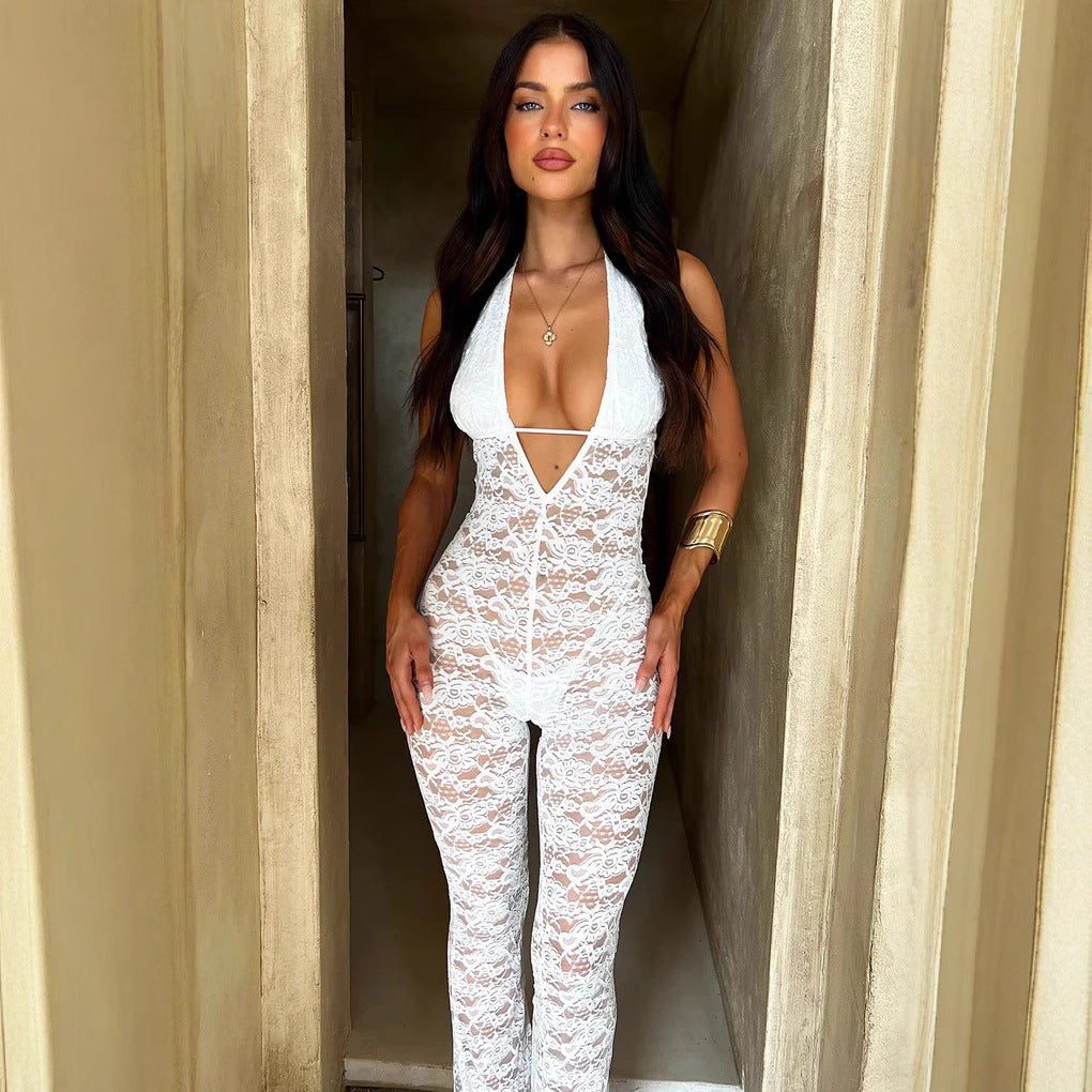 Damen Spitzen-Bodysuit mit tiefem V-Ausschnitt und weitem Bein Drune