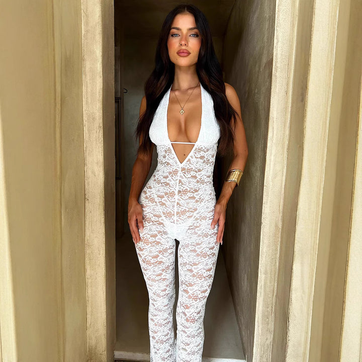 Damen Spitzen-Bodysuit mit tiefem V-Ausschnitt und weitem Bein Drune