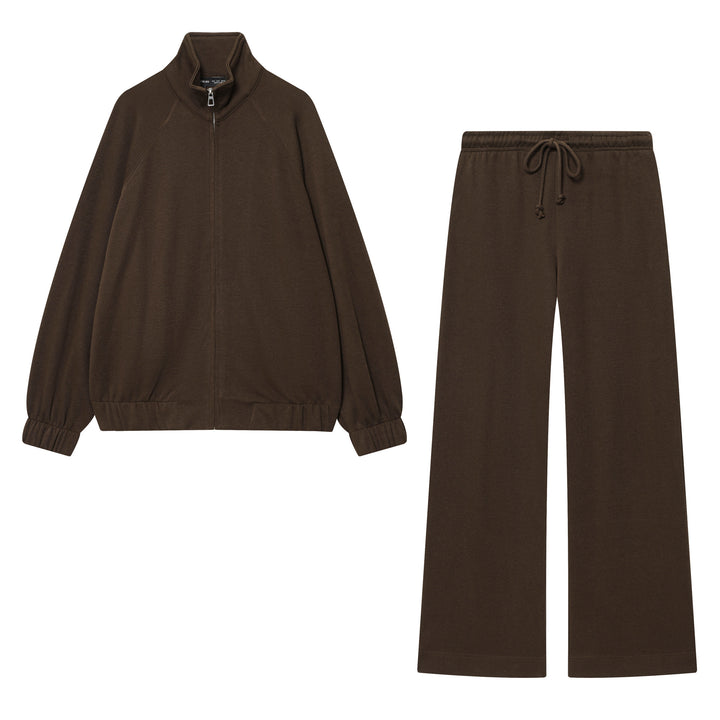 Damen nan loungiges Sweatsuit-Zweiteiler mit Reißverschluss-Stehkragen, elastischem Saum und weitem Highwaist-Hosenbein Drune