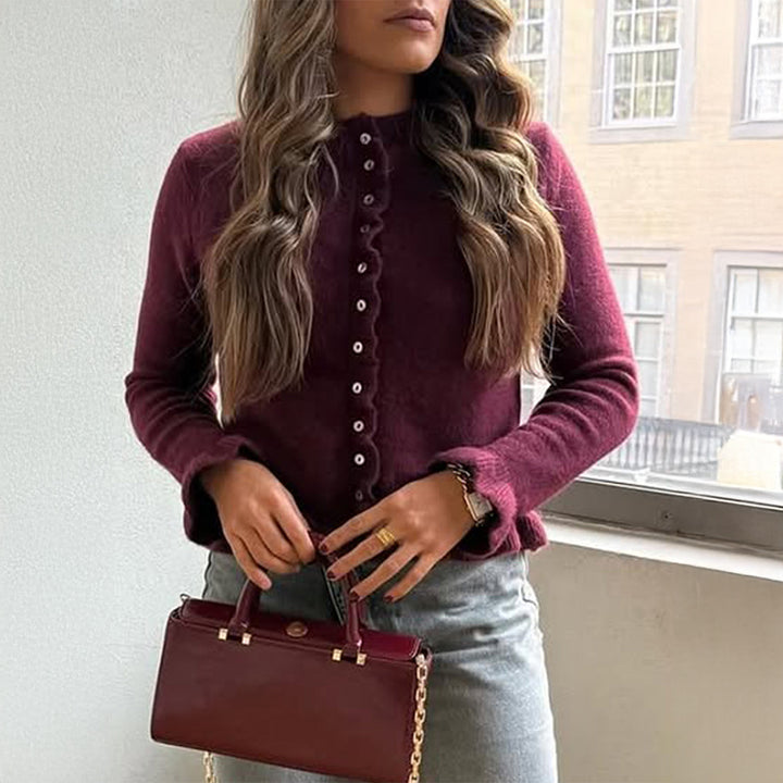 Damen nan kurz geschnittener Strickcardigan mit Volantknopfleiste und gerafften Bündchen Drune