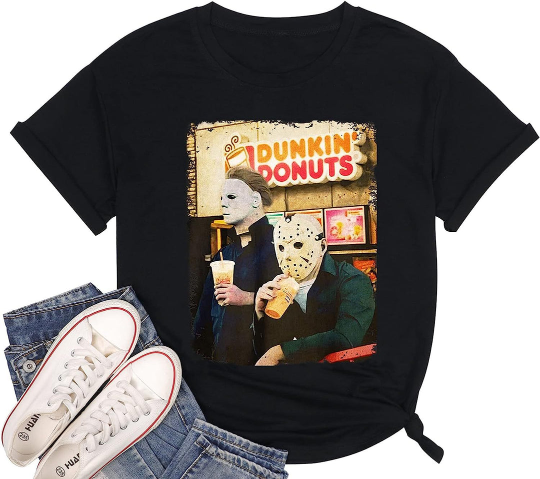 Damen Trendy Grafik T-Shirt mit ikonischen Horrorfiguren Drune