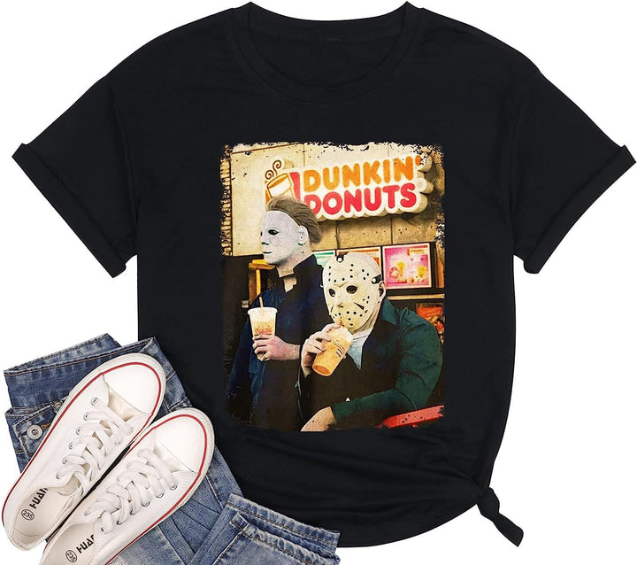 Damen Trendy Grafik T-Shirt mit ikonischen Horrorfiguren Drune
