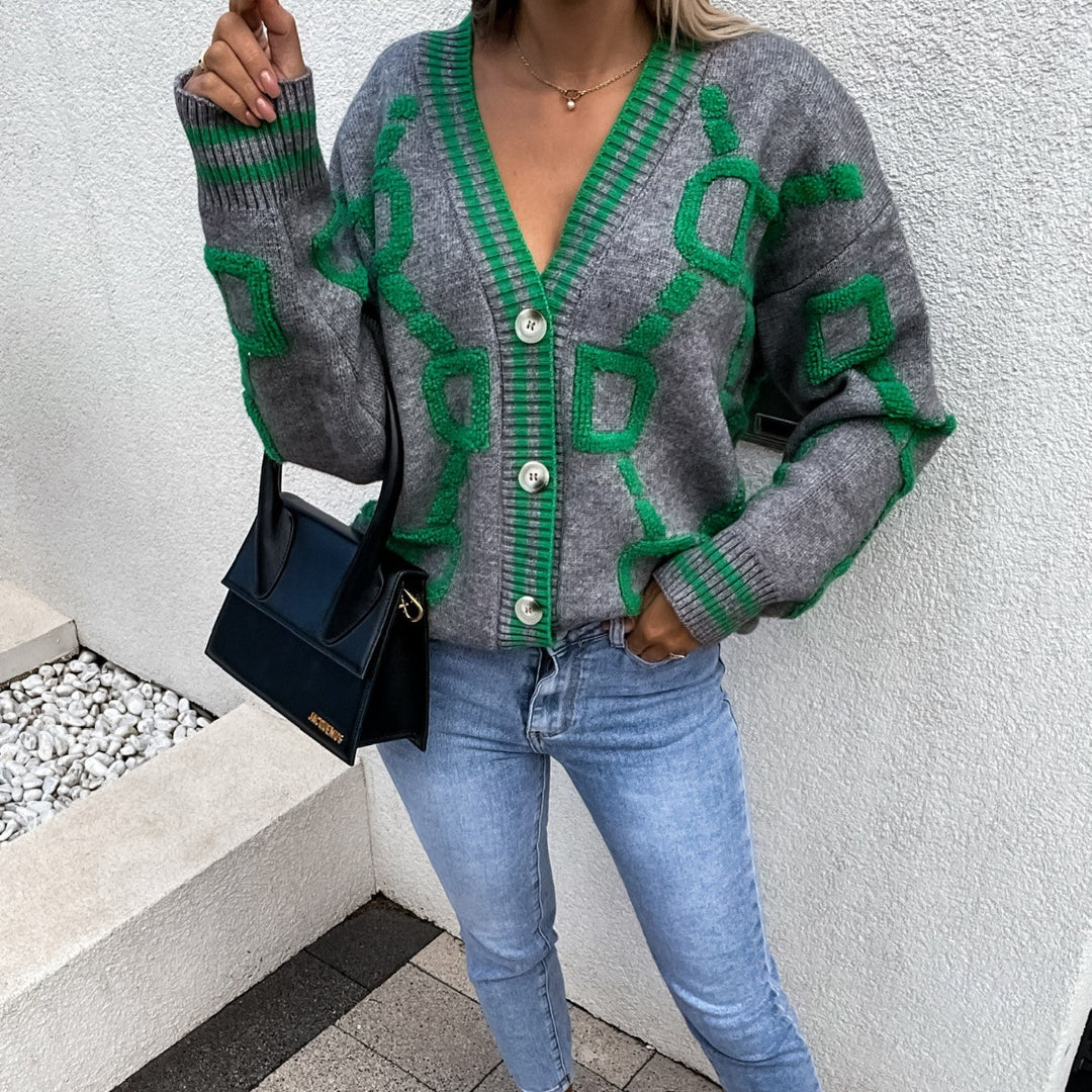 Damen Grobstrick Cardigan mit geometrischem Muster und großen Knöpfen Drune