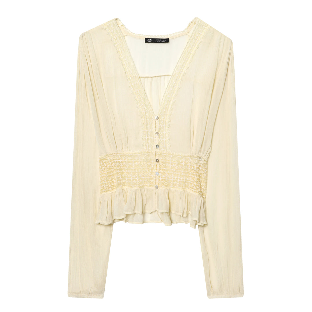 Damen nan leichte V-Neck Bluse mit Smok-Taillenband, Perlmuttknopfleiste und Volant-Saum Drune