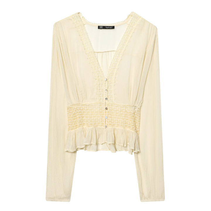 Damen nan leichte V-Neck Bluse mit Smok-Taillenband, Perlmuttknopfleiste und Volant-Saum Drune